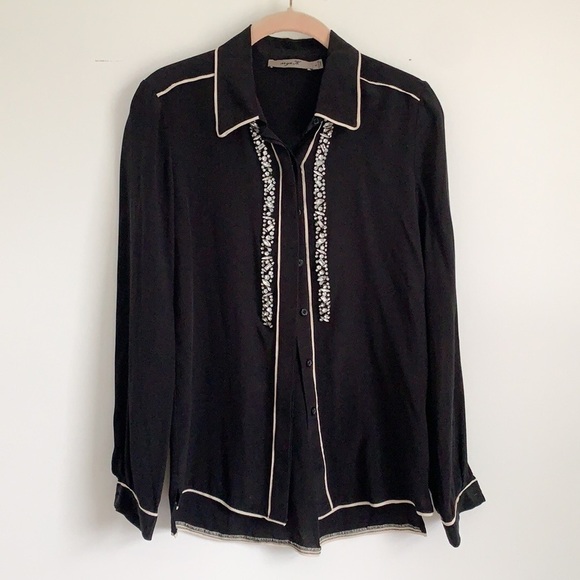 Black Silk Jewel Embellished Westernwear Cowgirl button up Top size Small - Picture 1 of 6
